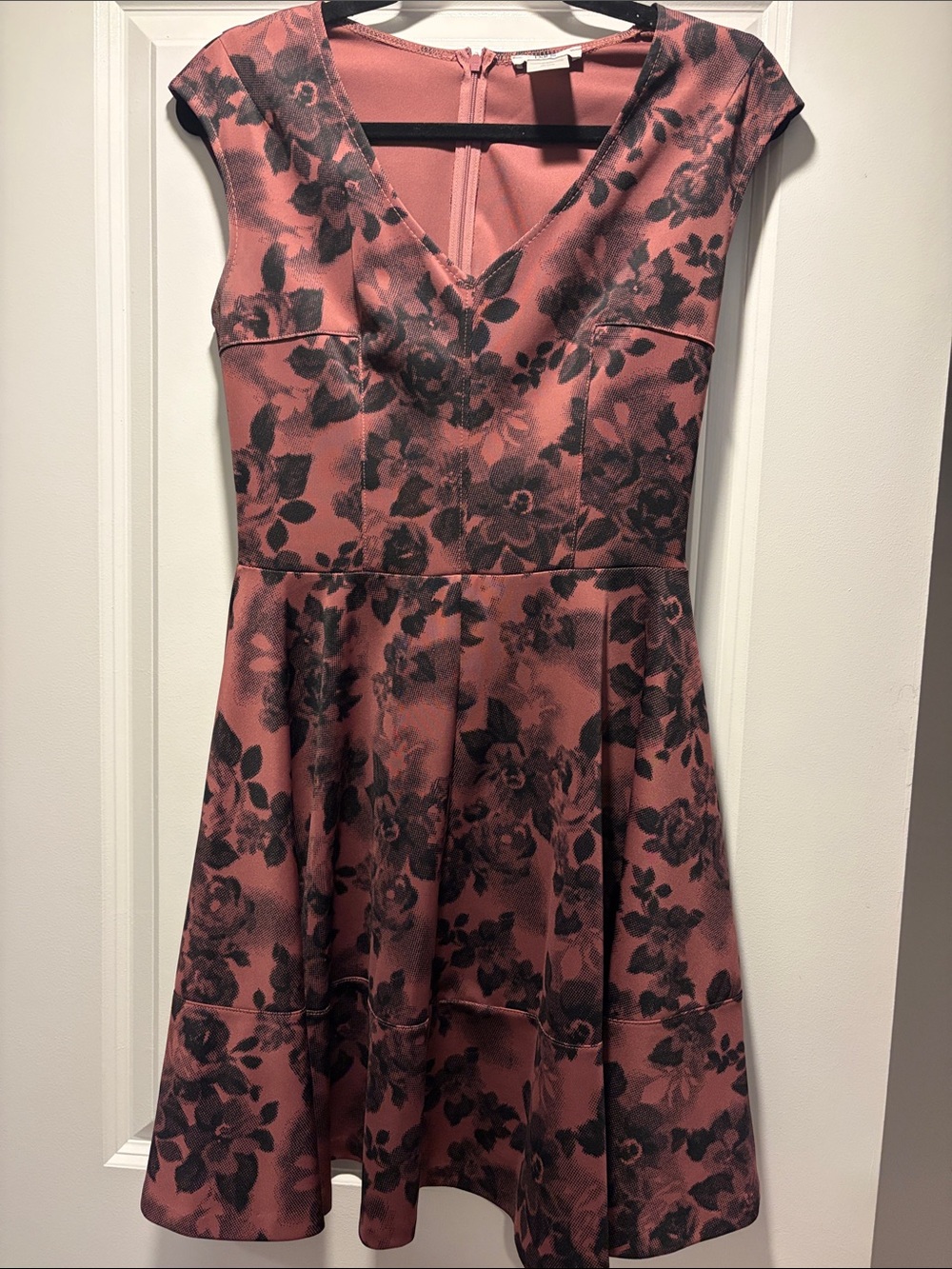 Bar III Dusty Rose and Black Floral V-Neck Fit & Flare Mini Dress
